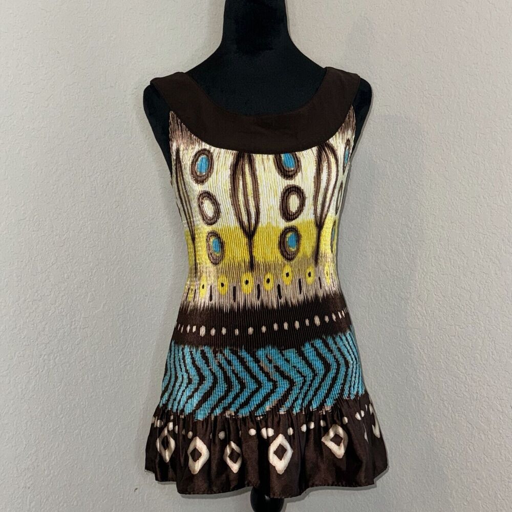 Sere Nade Mini A-Line Dress Women's L Multicolor Geometric Round Neck Ruffle Hem